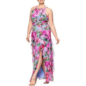 Xscape Womens Plus Size A-Line Ruffle-Skirt Dress 20W Pink/Periwinkle  NWT $189